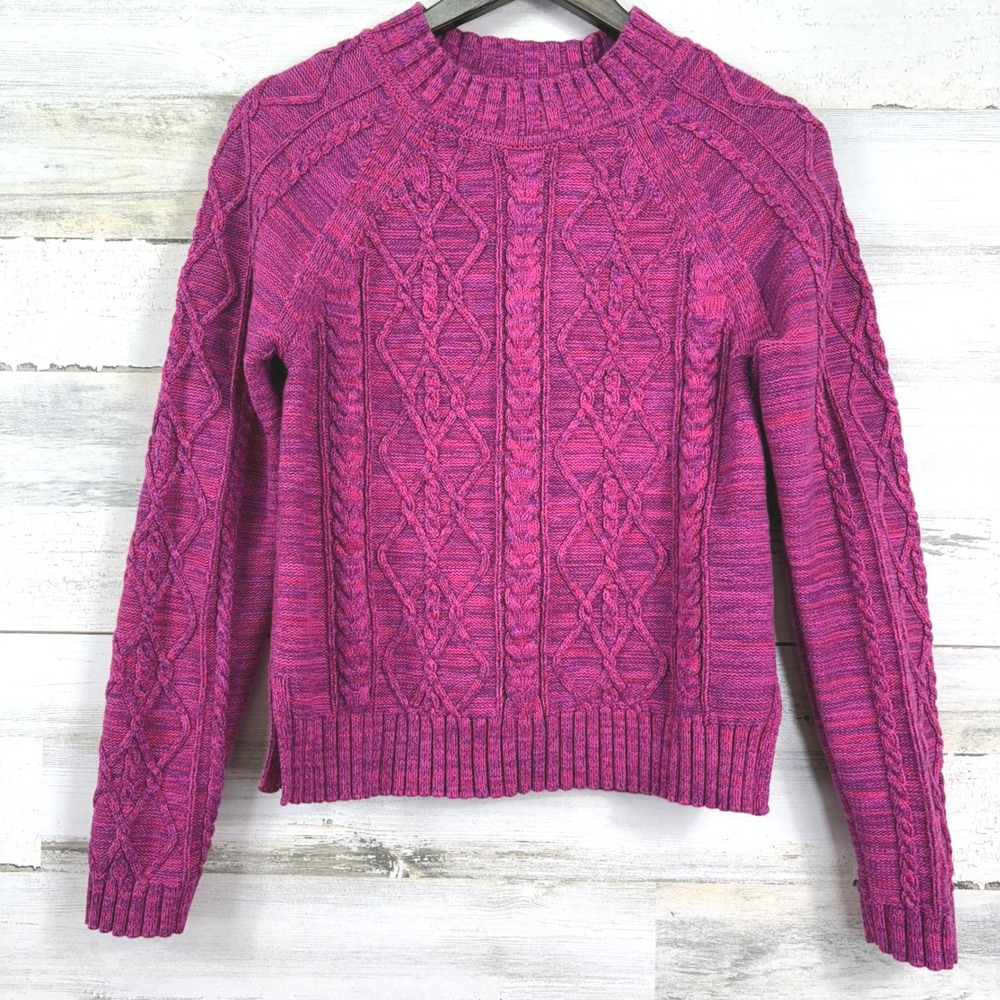GAP Magenta Fuscia Pink Marl Cable Knit‎ Crew Neck Heavy Sweater Size S Tall